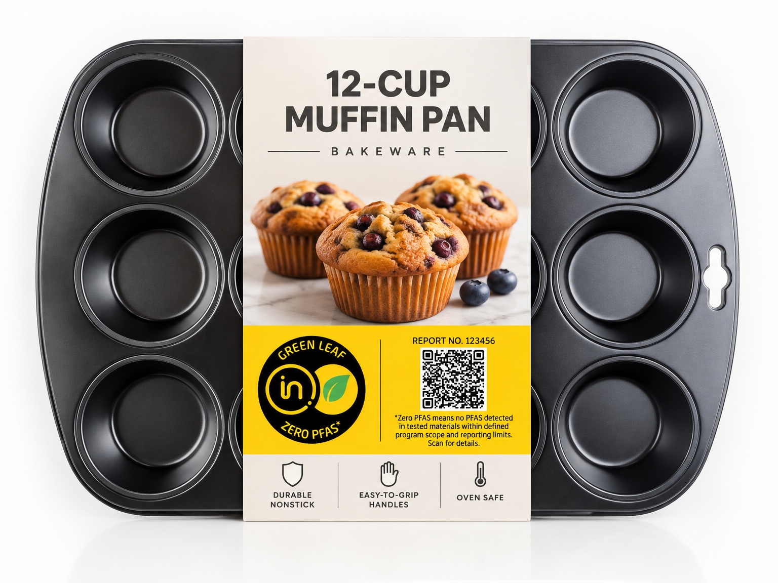 an unnamed and unrecognizable brand of a bakeware 12-cup muffin pan with the packaging wrap, the yellow label is displayed on the packaging wrap in elegant size to promote the feature