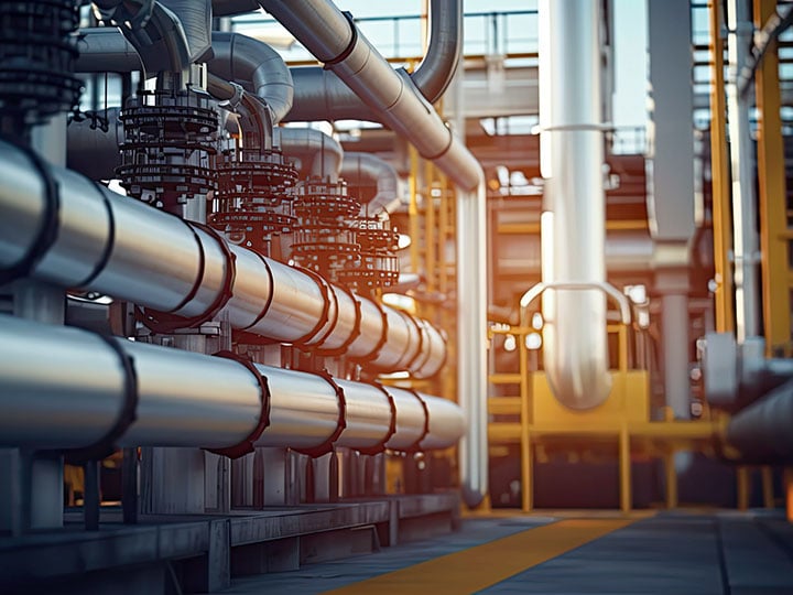 Industrial plant infrastructure with pressurized steel pipes running down an aisleway