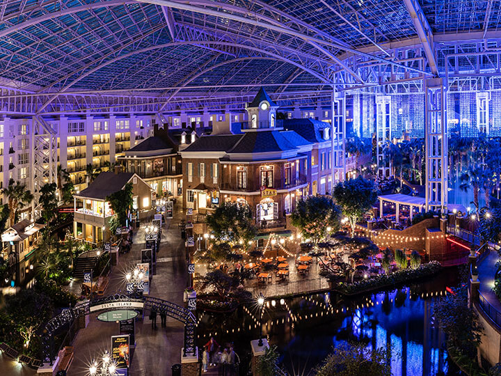 A landscape view looking at the Delta Island Atrium in the Gaylord Opryland Resort & Convention Center