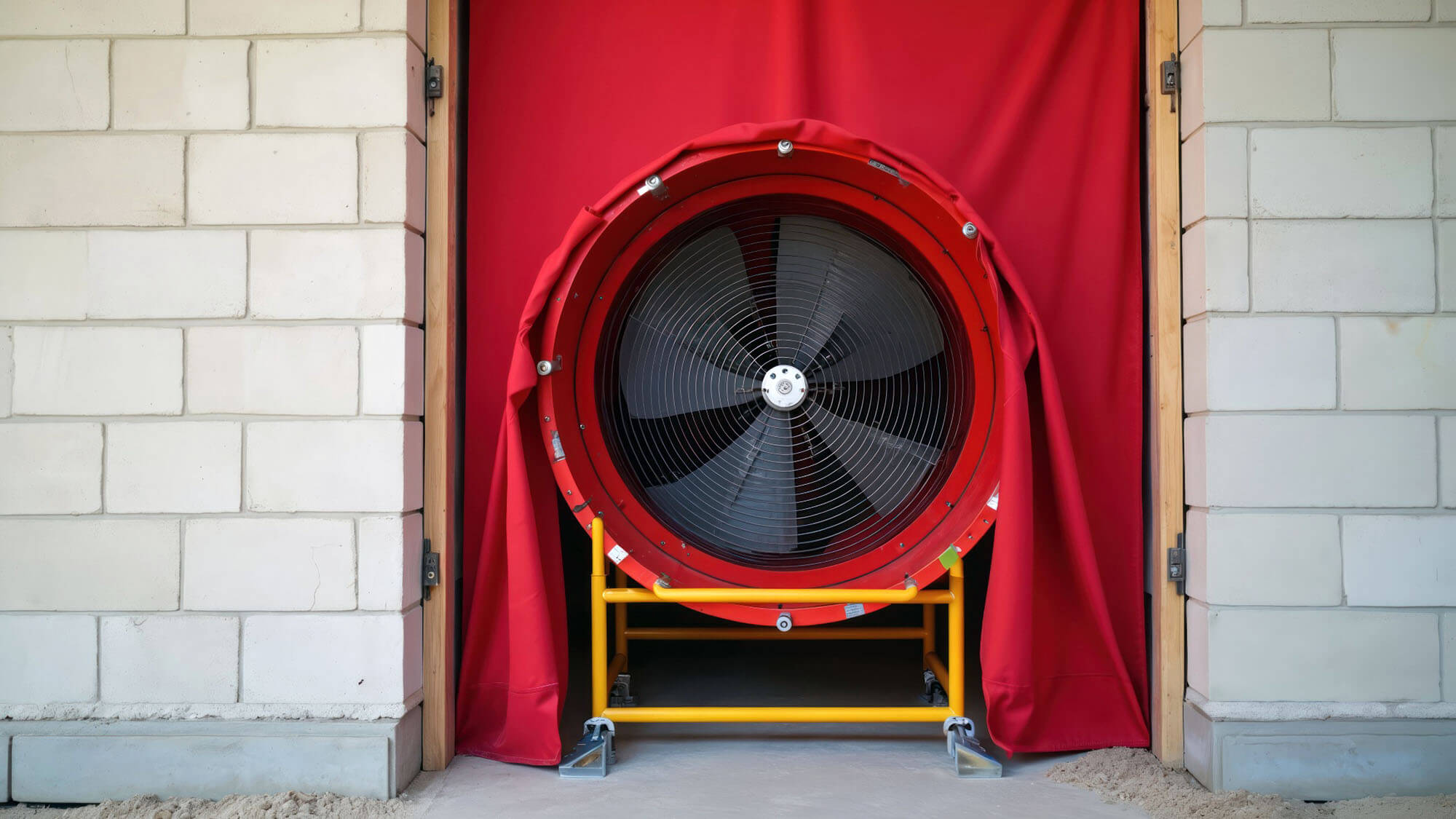 Large fan on red fabric in doorway of brick building. Equipment tests house airtightness. Energy audit checks air leaks. Safety standards inspection for building envelope. Saves money on heating