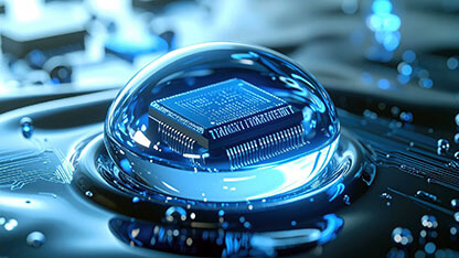 Advanced Microchip Encapsulated in a Glowing Blue Water Droplet on a Circuit Board 