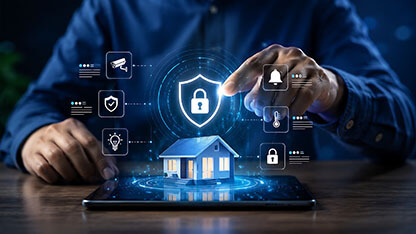 Digital home security management dashboard on tablet screen with interactive lock shield and smart device icons. 