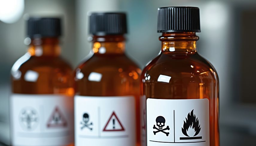 Amber chemical bottles with hazard warning symbols representing UK REACH chemical safety and compliance.