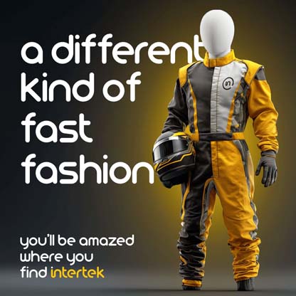 A department store mannequin in a racing suit holding a helmet