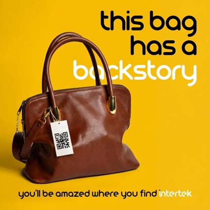 A leather handbag with a QR code tag